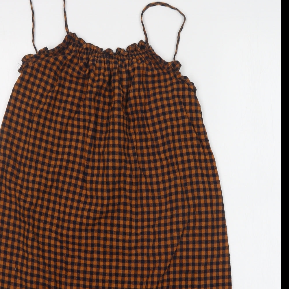 Zara Girls Brown Check Cotton A-Line  Size 9 Years  Square Neck