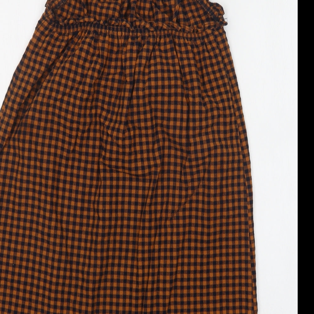 Zara Girls Brown Check Cotton A-Line  Size 9 Years  Square Neck