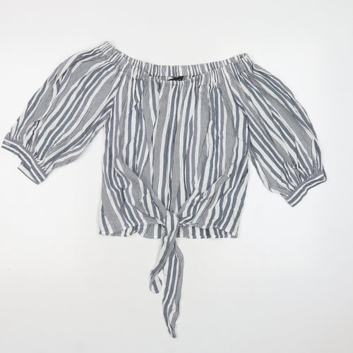 New Look Womens Grey Striped Viscose Basic Blouse Size 8 Off the Shoulder