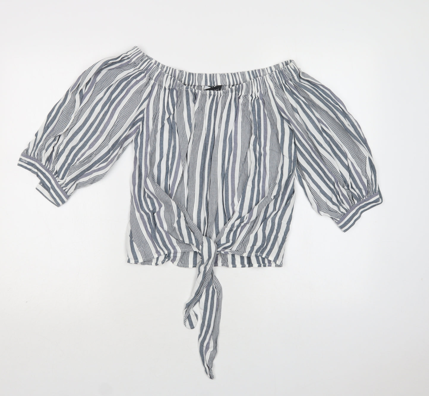 New Look Womens Grey Striped Viscose Basic Blouse Size 8 Off the Shoulder