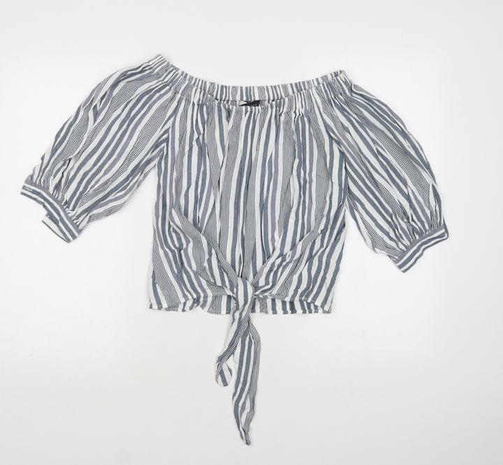 New Look Womens Grey Striped Viscose Basic Blouse Size 8 Off the Shoulder