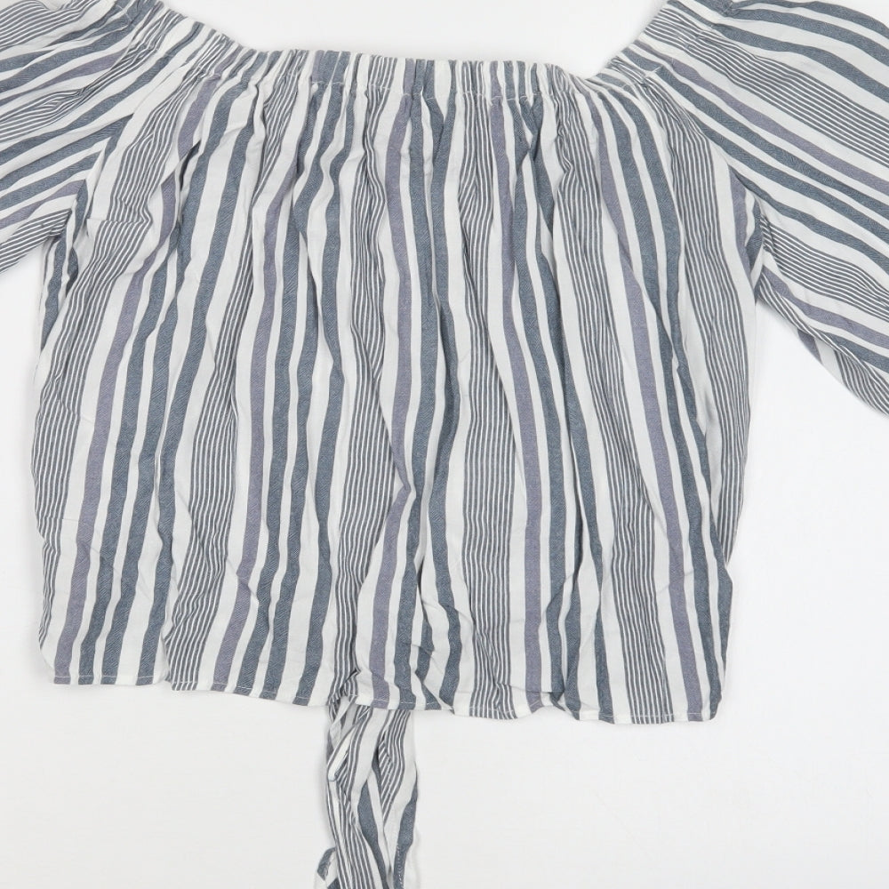New Look Womens Grey Striped Viscose Basic Blouse Size 8 Off the Shoulder