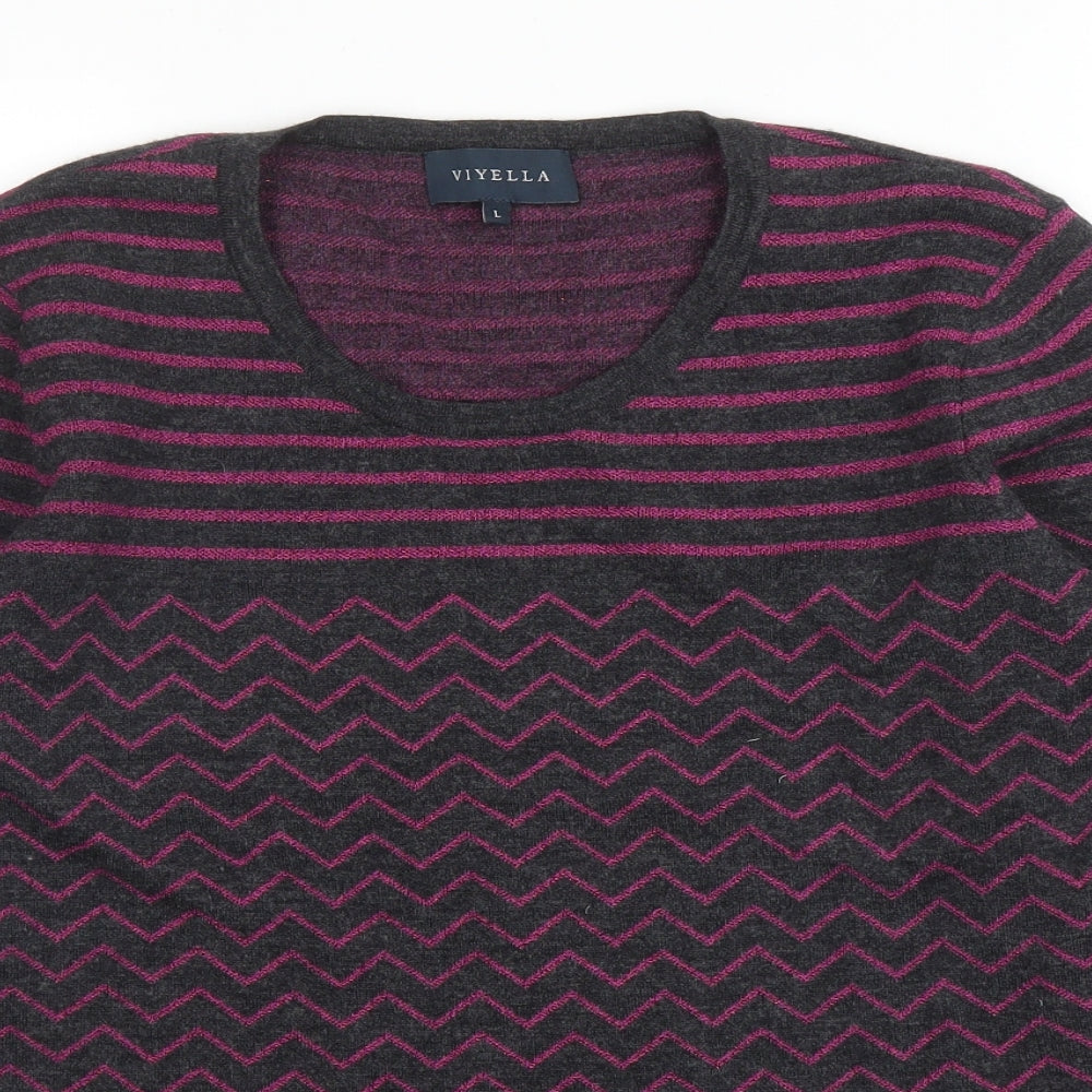 Viyella Womens Purple Round Neck Striped Wool Pullover Jumper Size L