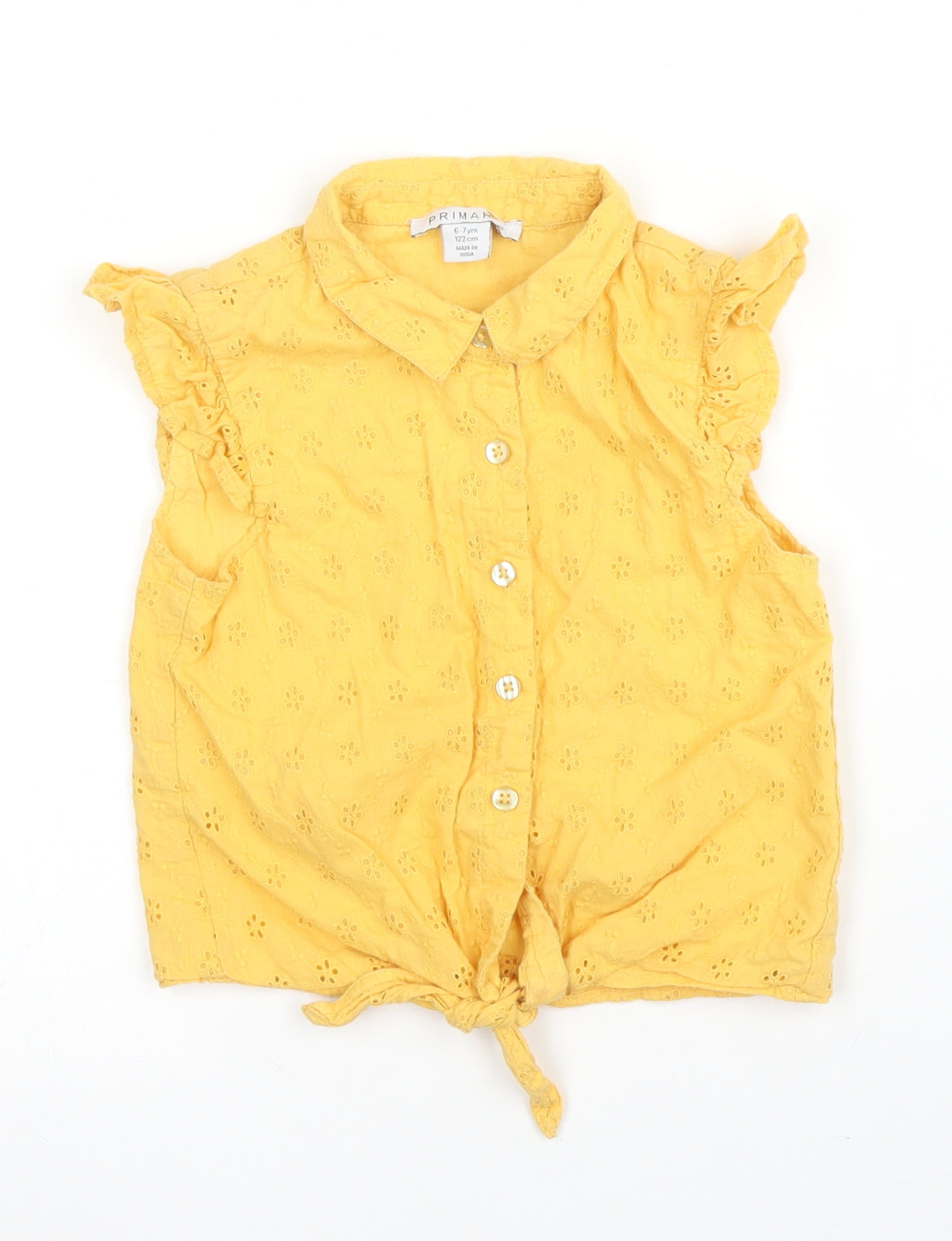 Primark Girls Yellow Floral Cotton Basic Blouse Size 6-7 Years Collared Button