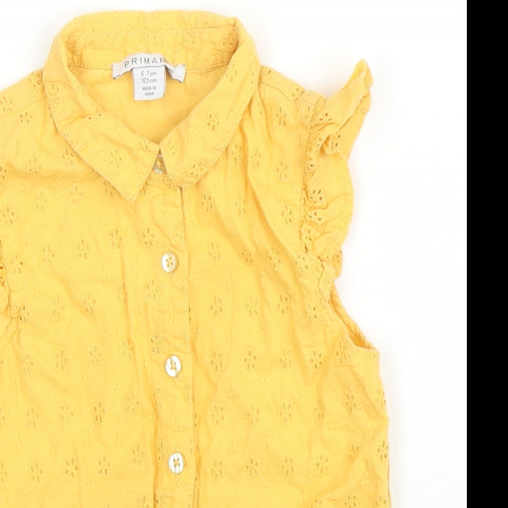 Primark Girls Yellow Floral Cotton Basic Blouse Size 6-7 Years Collared Button
