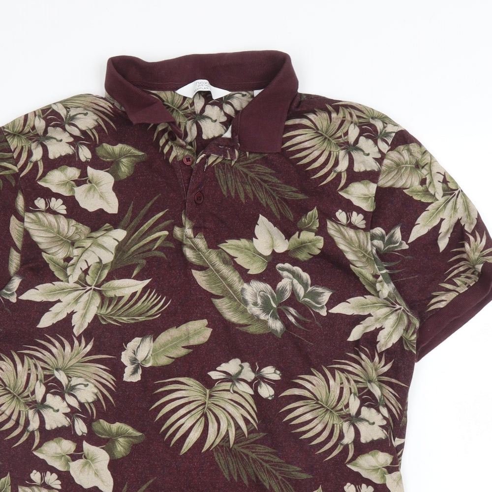 NEXT Mens Purple Floral Cotton  Polo Size M Collared Button