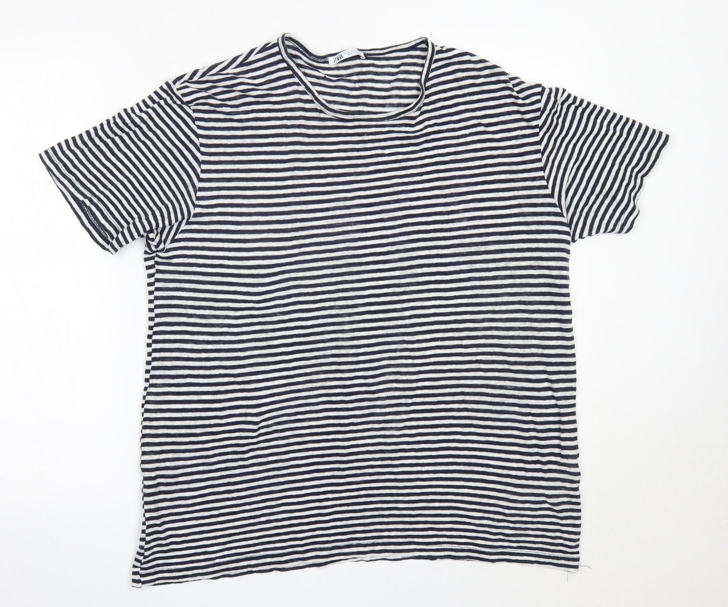 Zara Womens White Striped Linen Basic T-Shirt Size M Round Neck