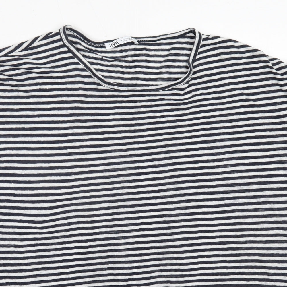 Zara Womens White Striped Linen Basic T-Shirt Size M Round Neck