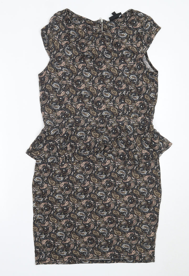 Warehouse Womens Black Paisley Viscose Shift Size 16 Round Neck