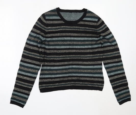Front view of Oasis women’s black round neck striped viscose jumper, size M