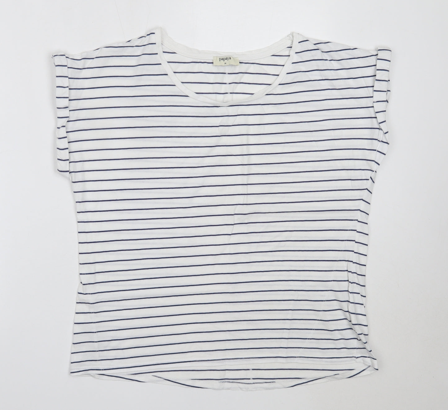 Papaya Womens White Striped Cotton Basic T-Shirt Size M Round Neck