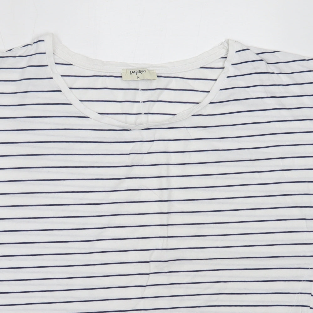 Papaya Womens White Striped Cotton Basic T-Shirt Size M Round Neck