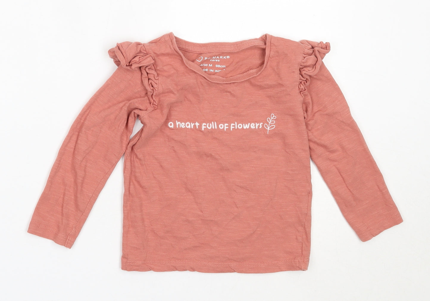 Primark Girls Pink  Cotton Basic T-Shirt Size 2-3 Years Round Neck