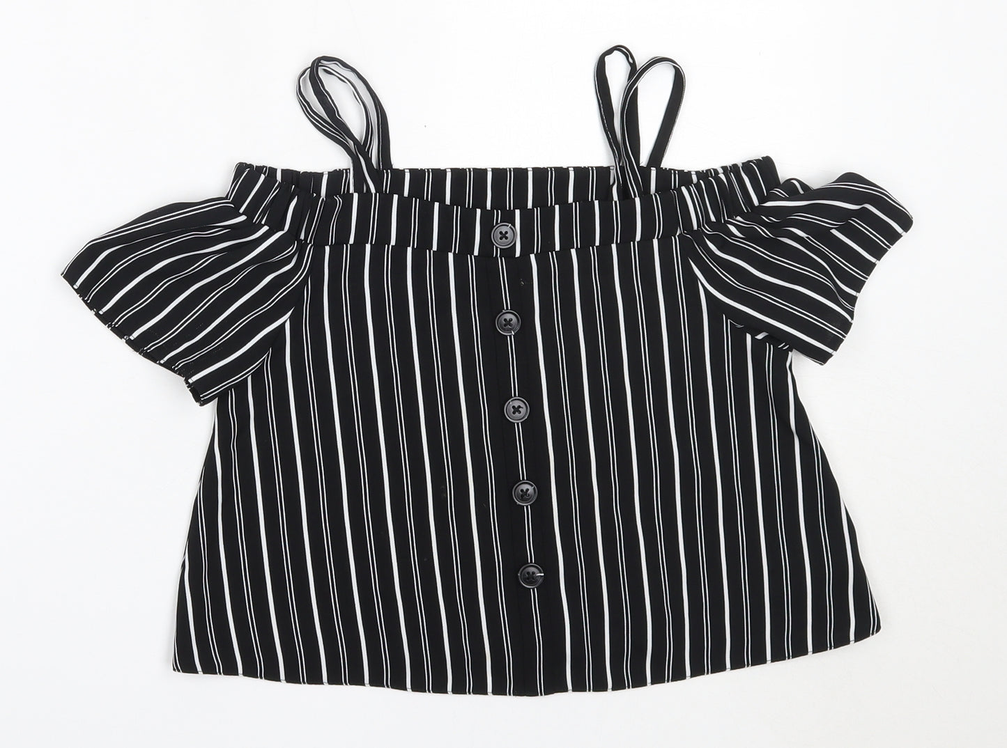 Primark Girls Black Striped Polyester Basic Blouse Size 8-9 Years Off the Shoulder