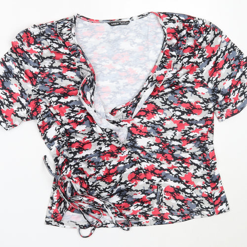 SheIn Womens Red Camouflage Polyester Basic Blouse Size L V-Neck