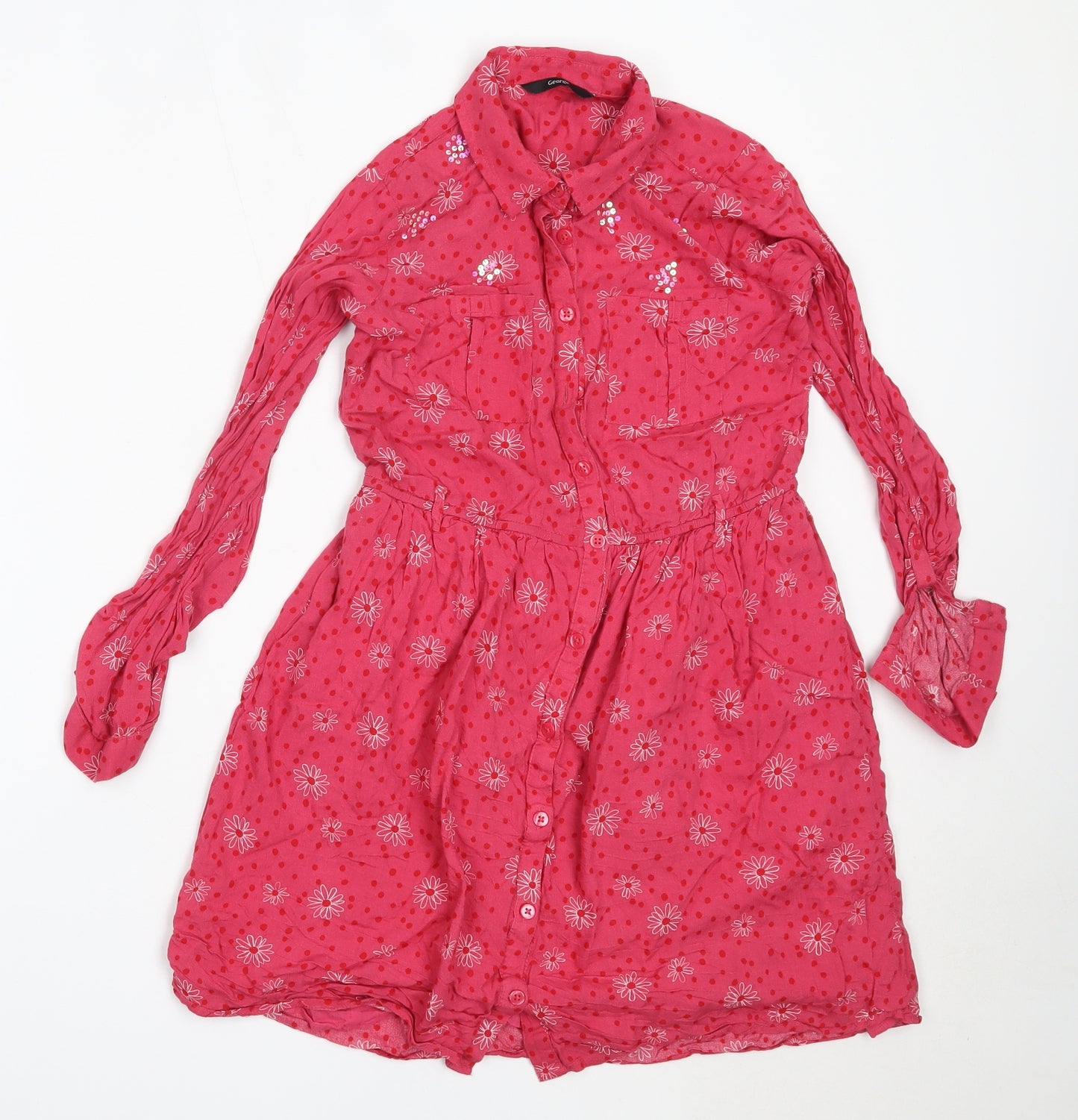George Girls Pink Floral Viscose Fit & Flare  Size 12-13 Years  Collared Button
