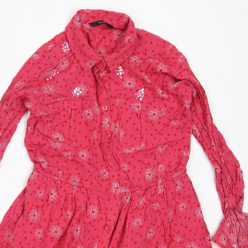 George Girls Pink Floral Viscose Fit & Flare  Size 12-13 Years  Collared Button