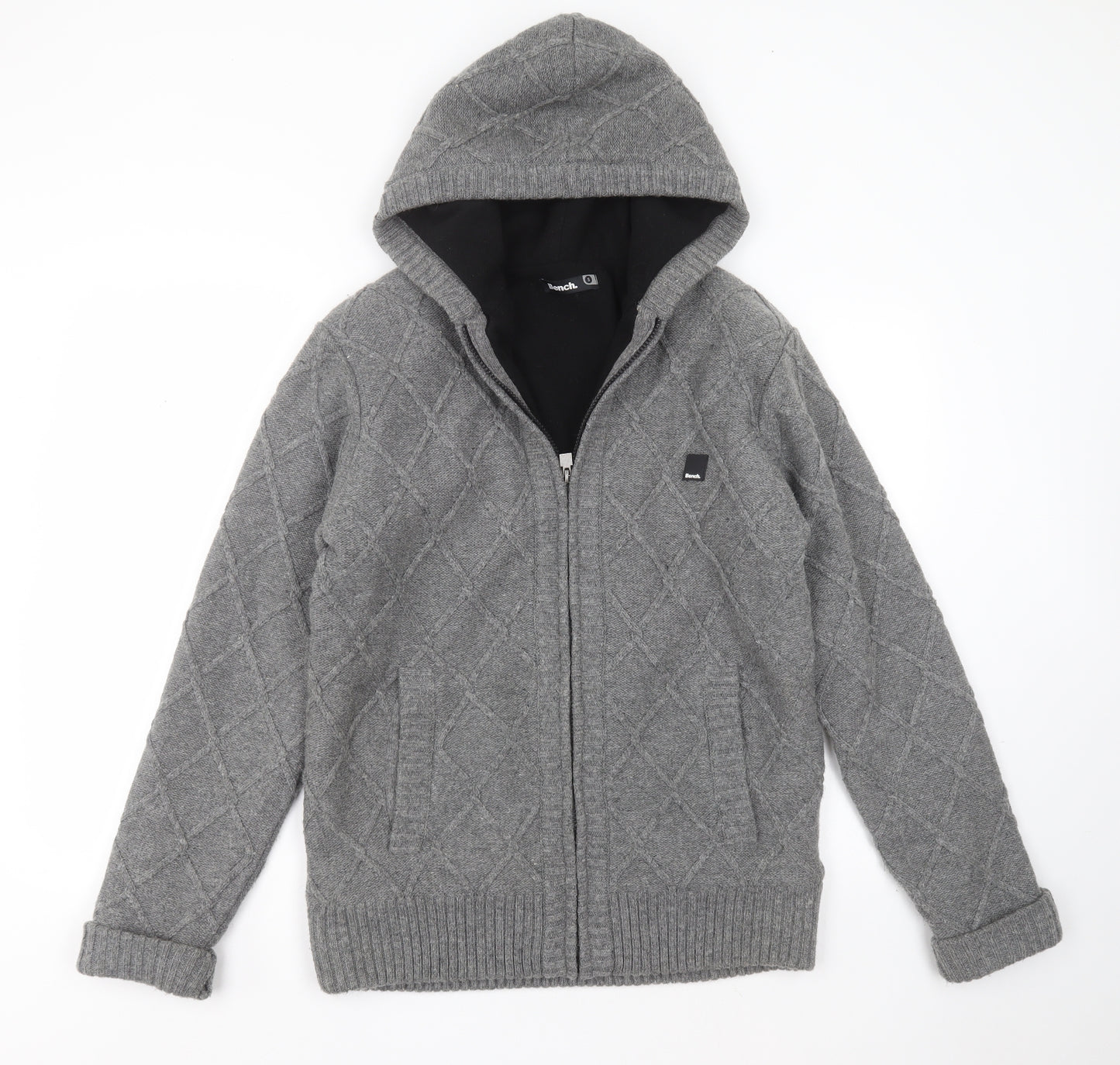 Bench Mens Grey Round Neck Argyle/Diamond Wool Full Zip Jumper Size S