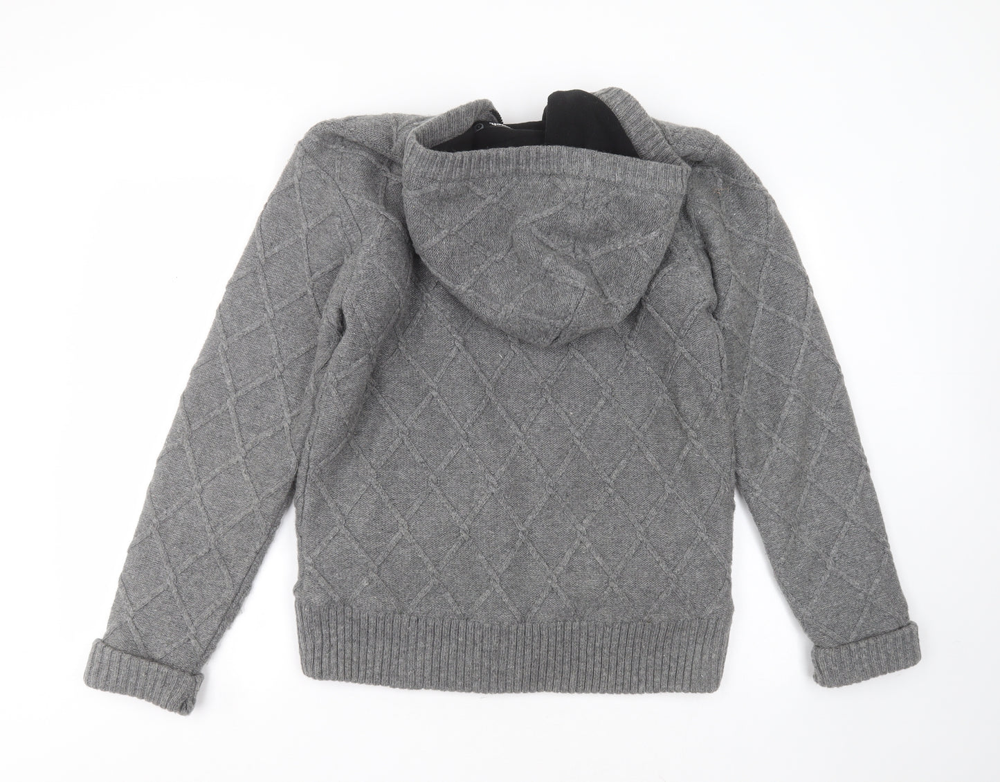 Bench Mens Grey Round Neck Argyle/Diamond Wool Full Zip Jumper Size S