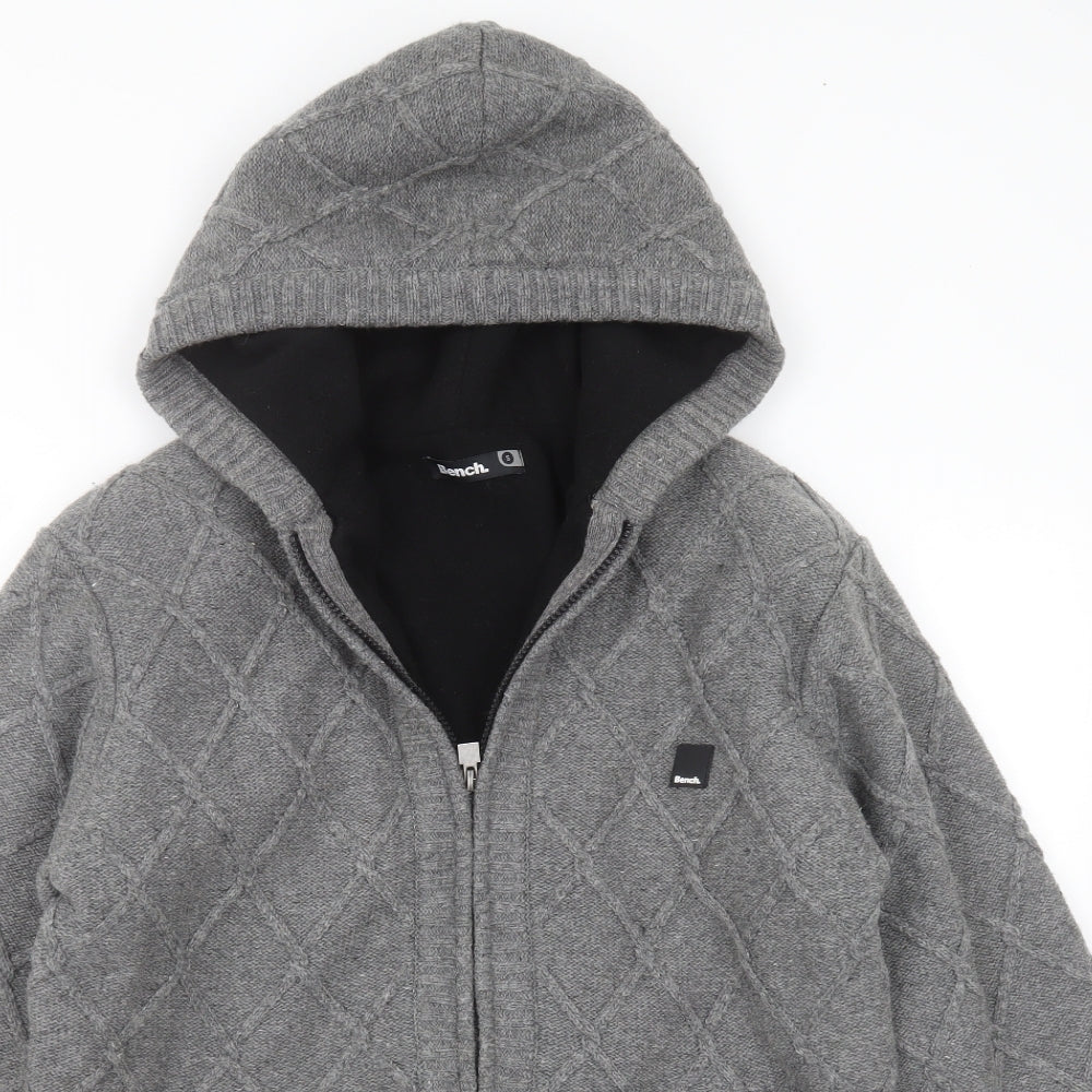 Bench Mens Grey Round Neck Argyle/Diamond Wool Full Zip Jumper Size S