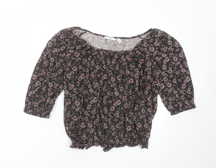 New Look Womens Black Floral Polyester Blend Basic Blouse Size 12 Round Neck