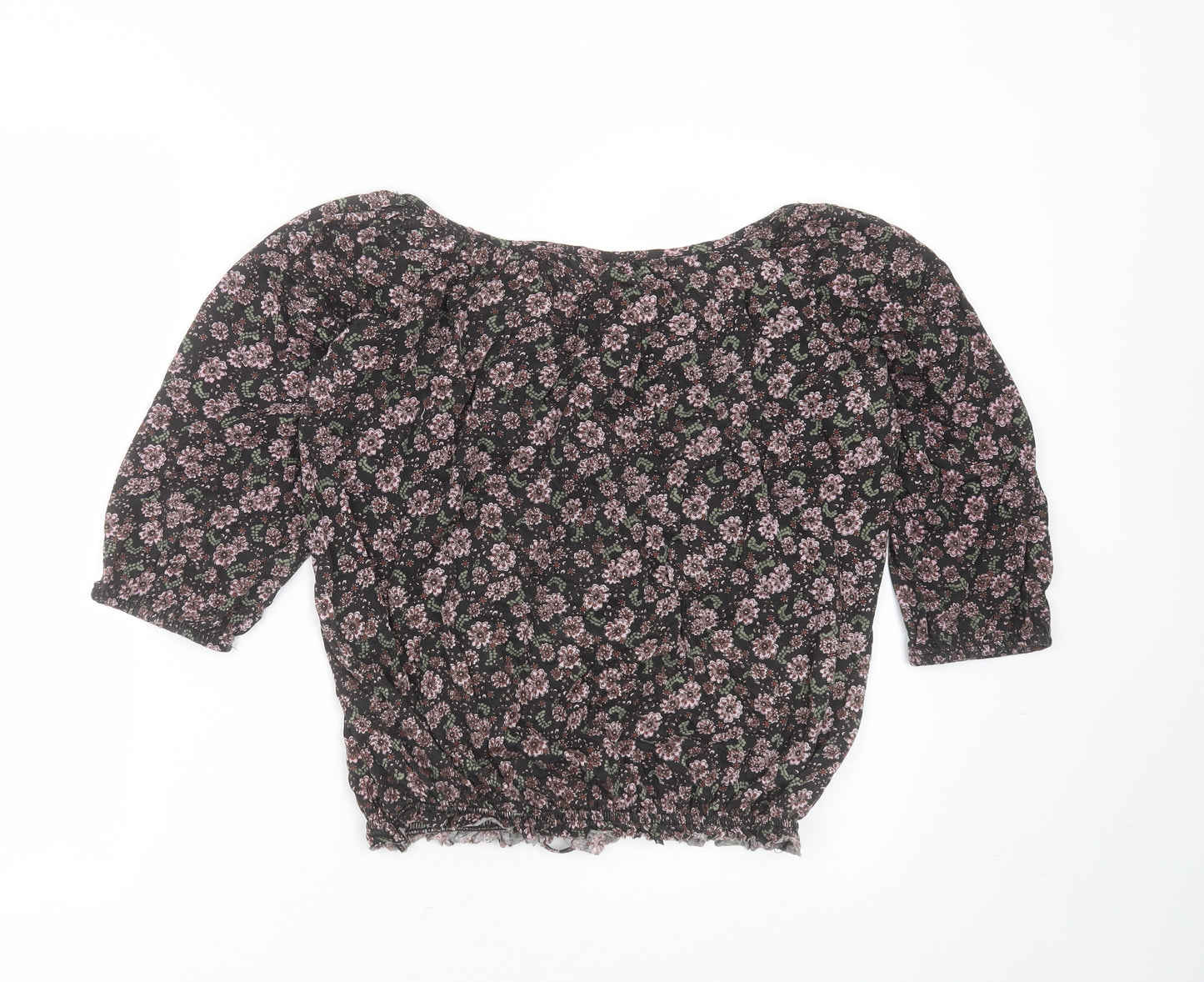 New Look Womens Black Floral Polyester Blend Basic Blouse Size 12 Round Neck