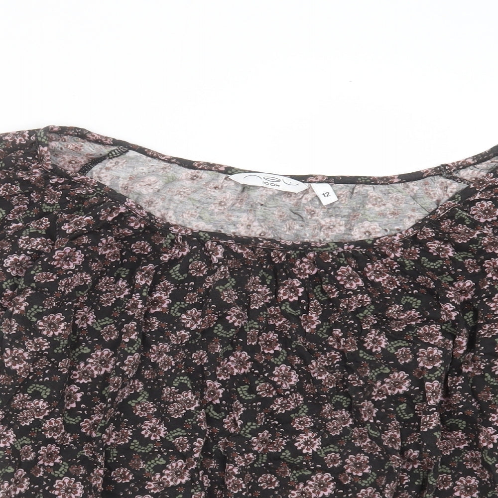 New Look Womens Black Floral Polyester Blend Basic Blouse Size 12 Round Neck