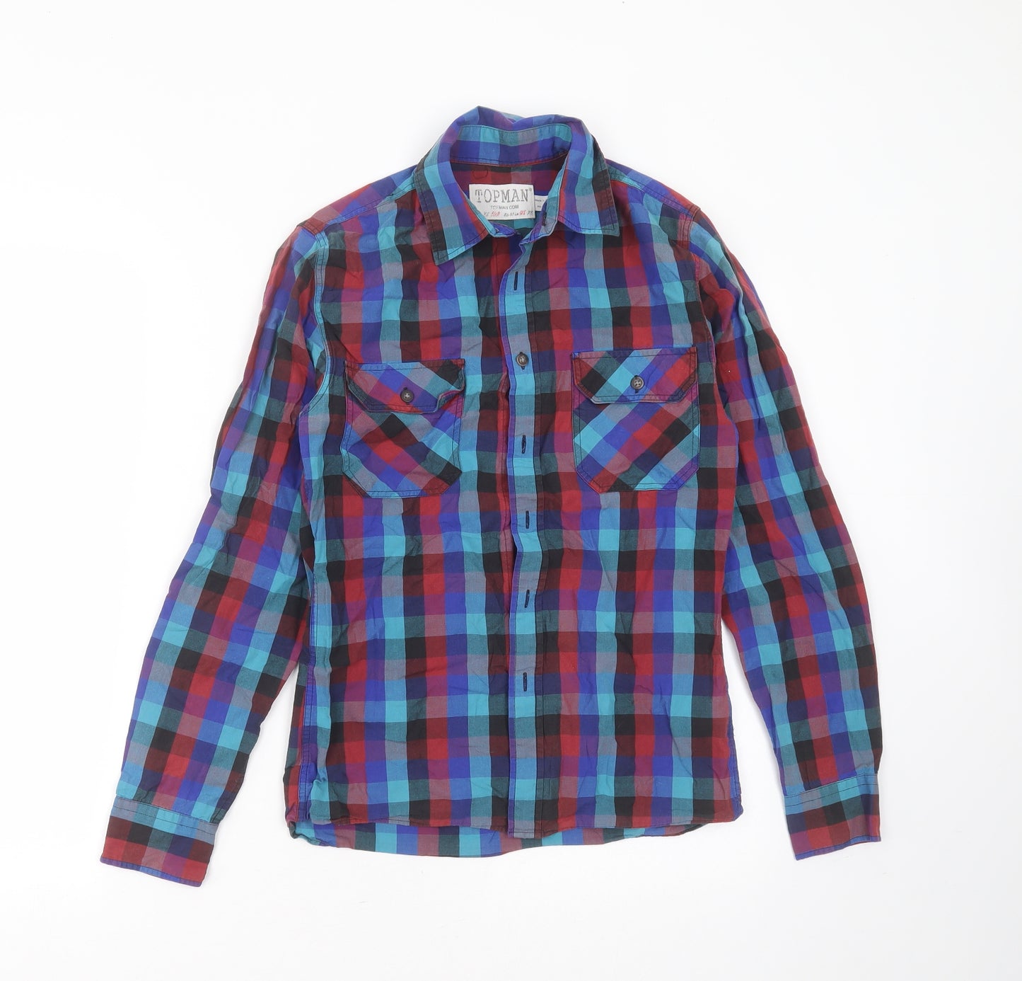 Topman Mens Blue Check Cotton  Button-Up Size XS Collared Button