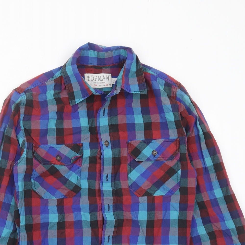 Topman Mens Blue Check Cotton  Button-Up Size XS Collared Button