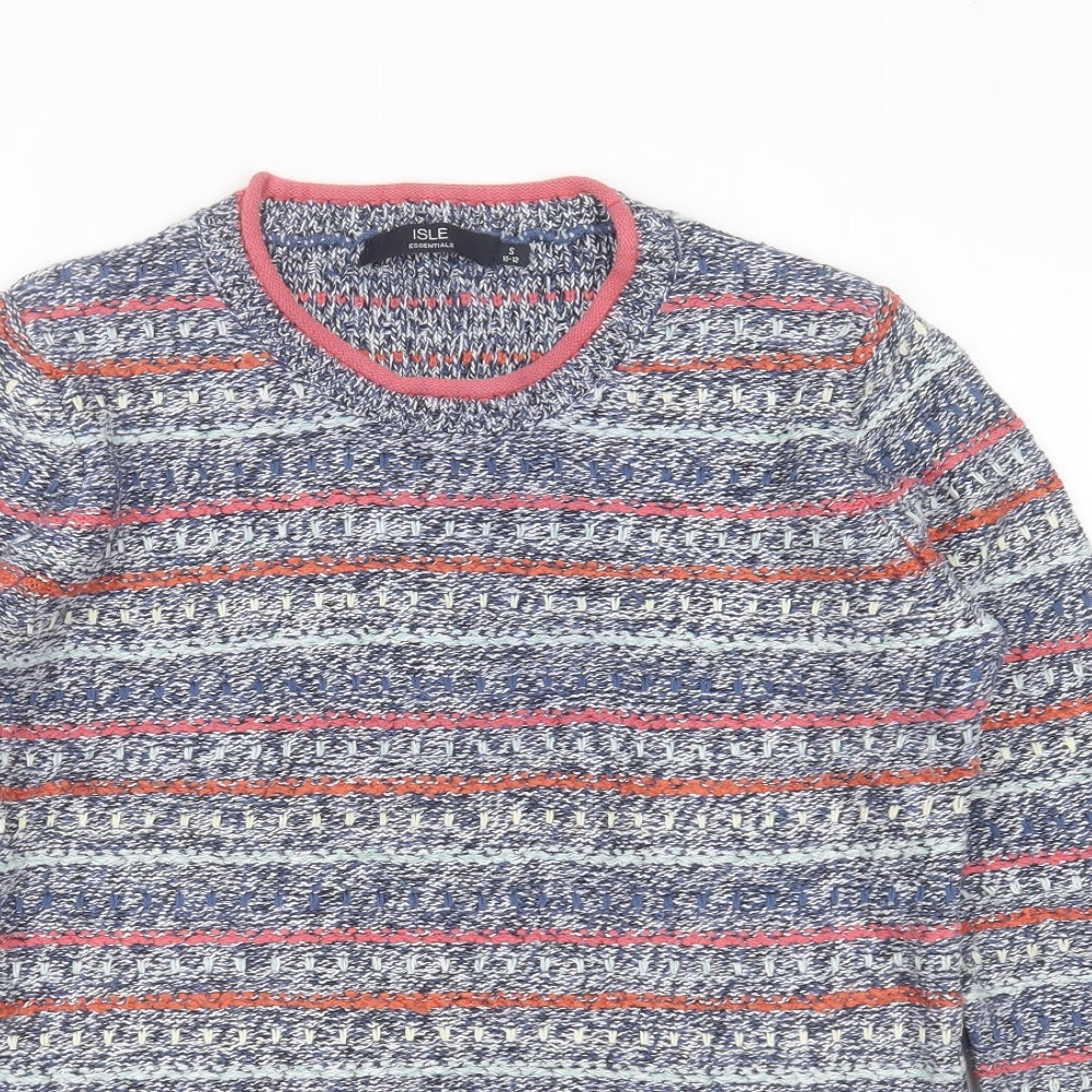 ISLE Womens Blue Round Neck Striped Cotton Pullover Jumper Size S