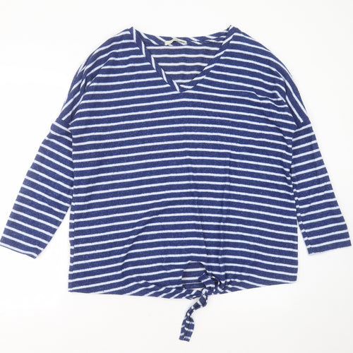 George Womens Blue V-Neck Striped Polyester Pullover Jumper Size 18