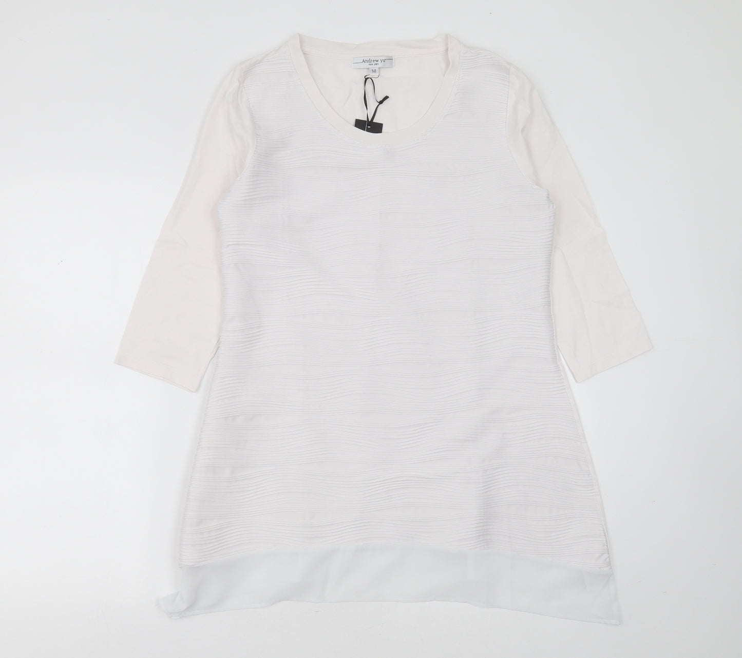 Andrew Yu Womens White Striped Polyester Basic T-Shirt Size M Round Neck