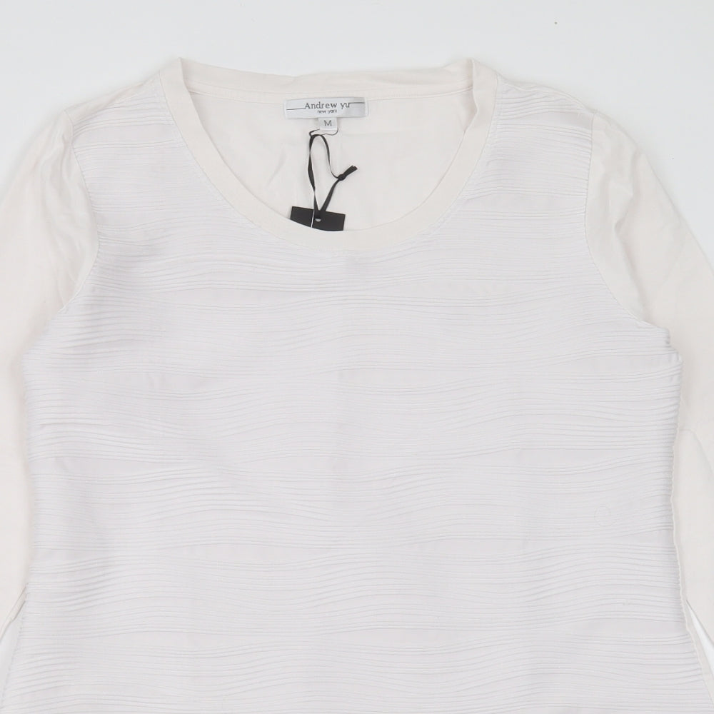 Andrew Yu Womens White Striped Polyester Basic T-Shirt Size M Round Neck