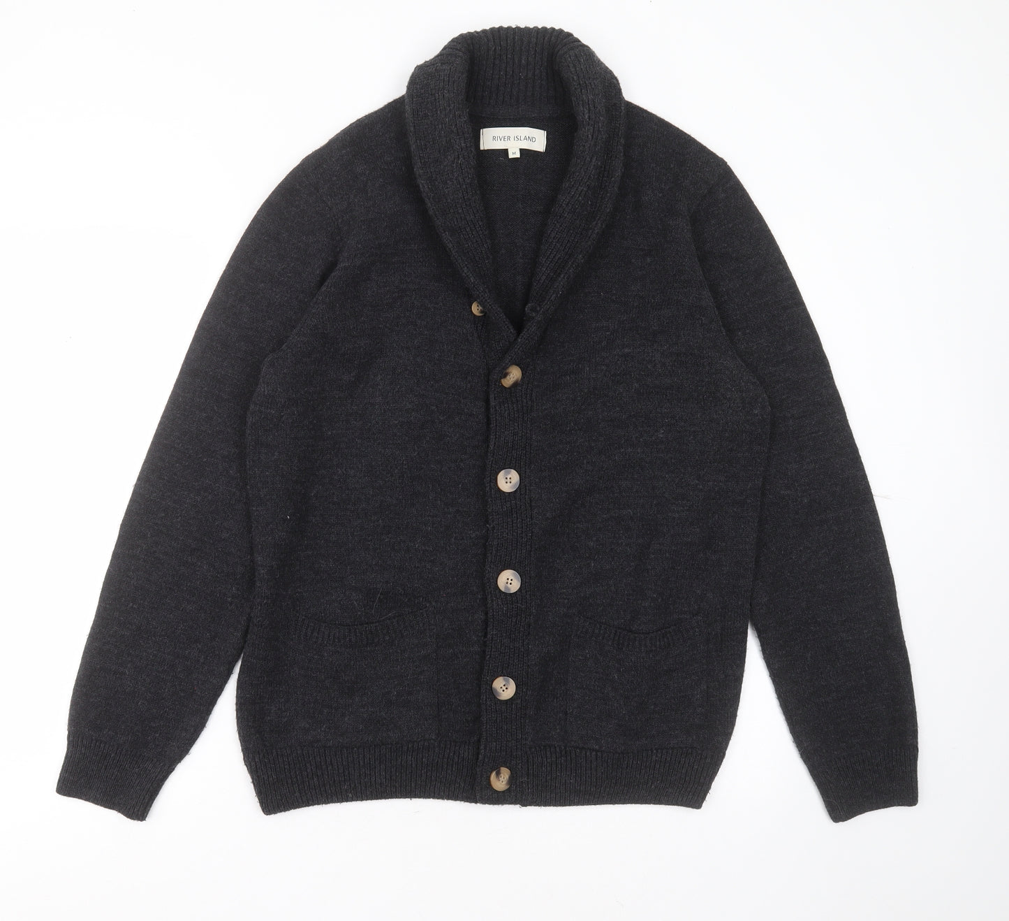 River Island Mens Grey Collared  Acrylic Cardigan Jumper Size M