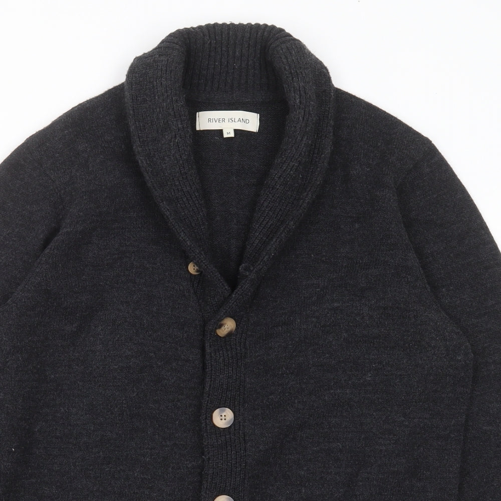 River Island Mens Grey Collared  Acrylic Cardigan Jumper Size M