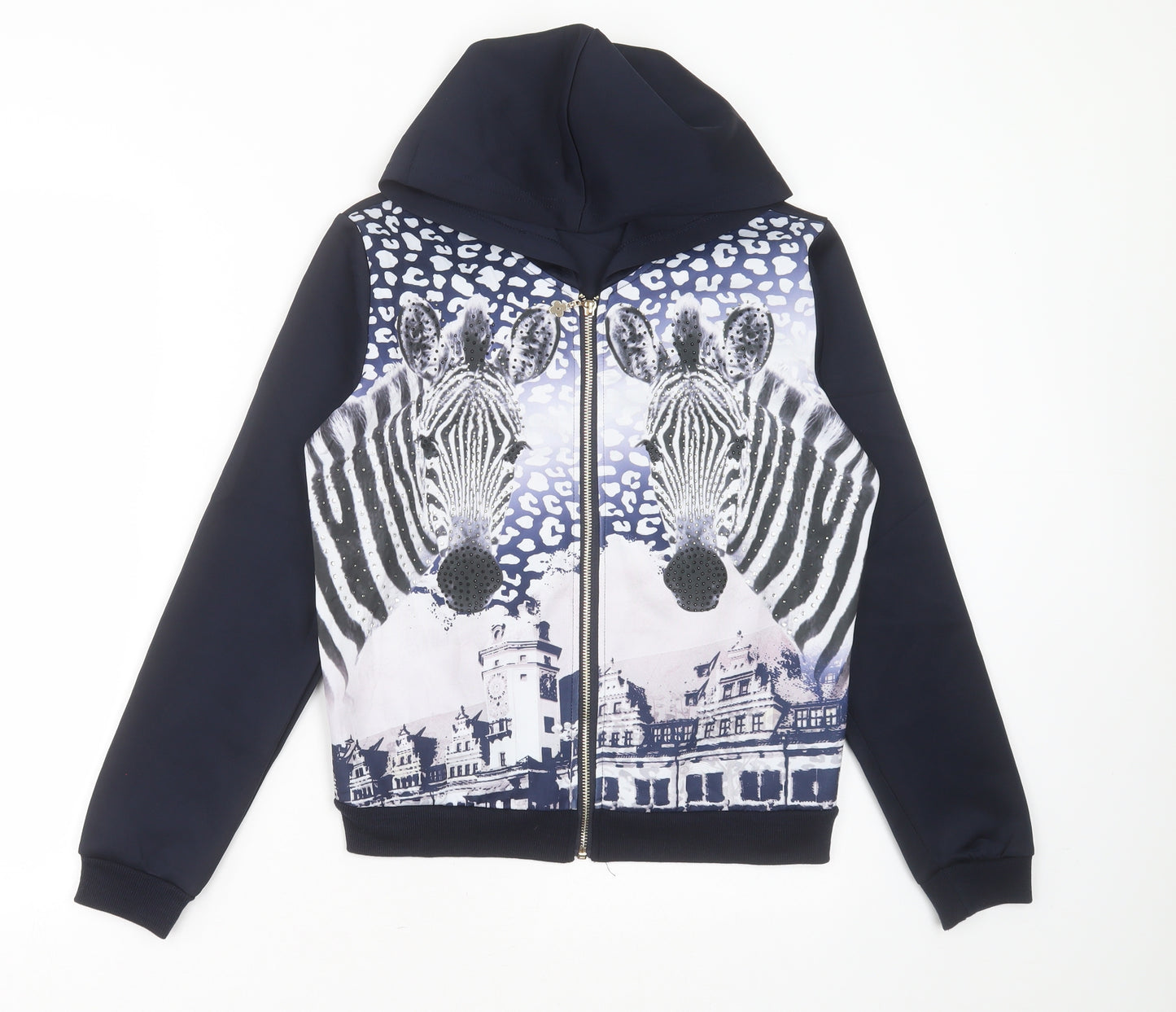 glam style Womens Blue  Cotton Full Zip Hoodie Size S  Zip - zebras