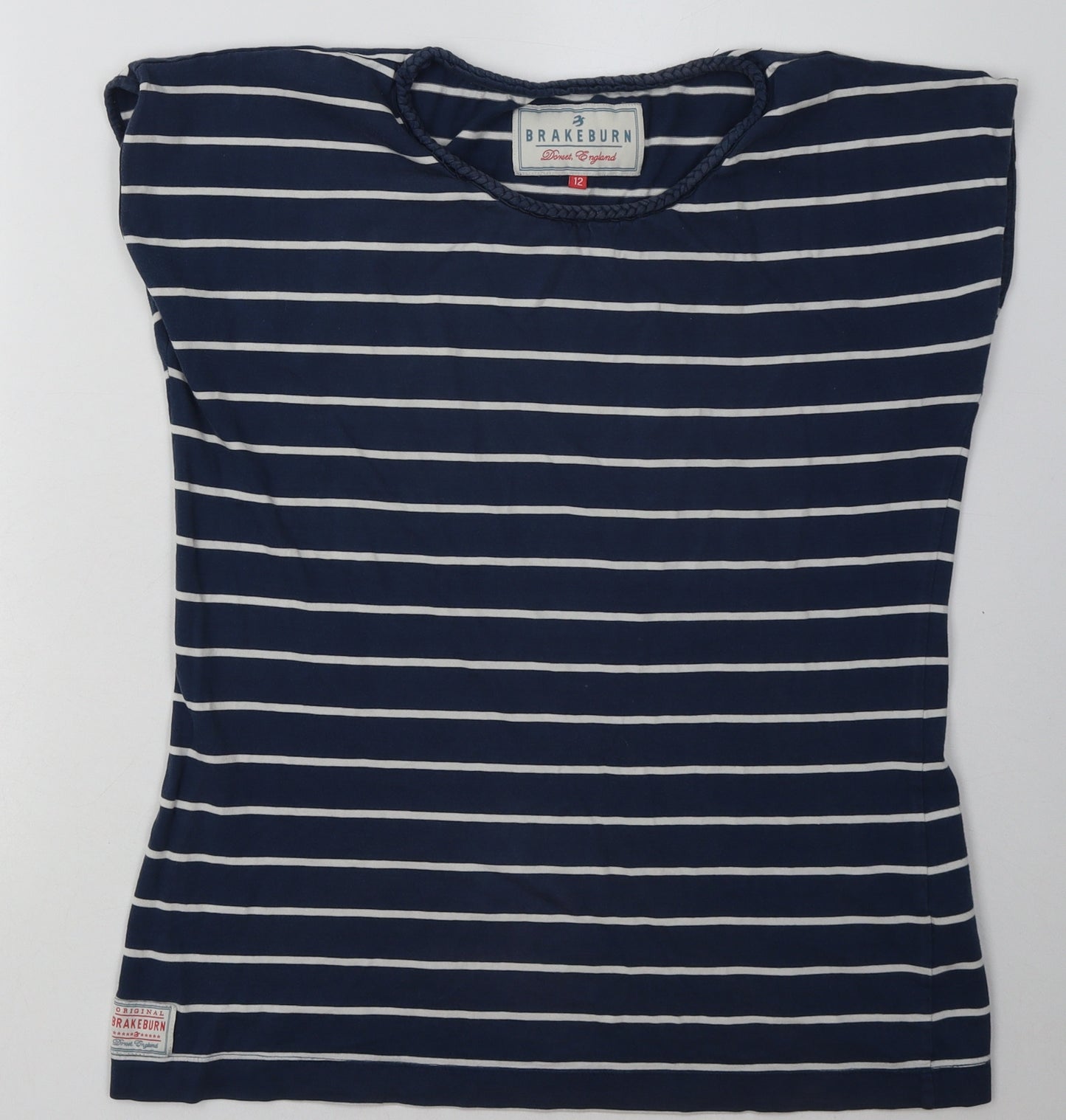Brakeburn Womens Blue Striped Cotton Basic T-Shirt Size 12 Crew Neck