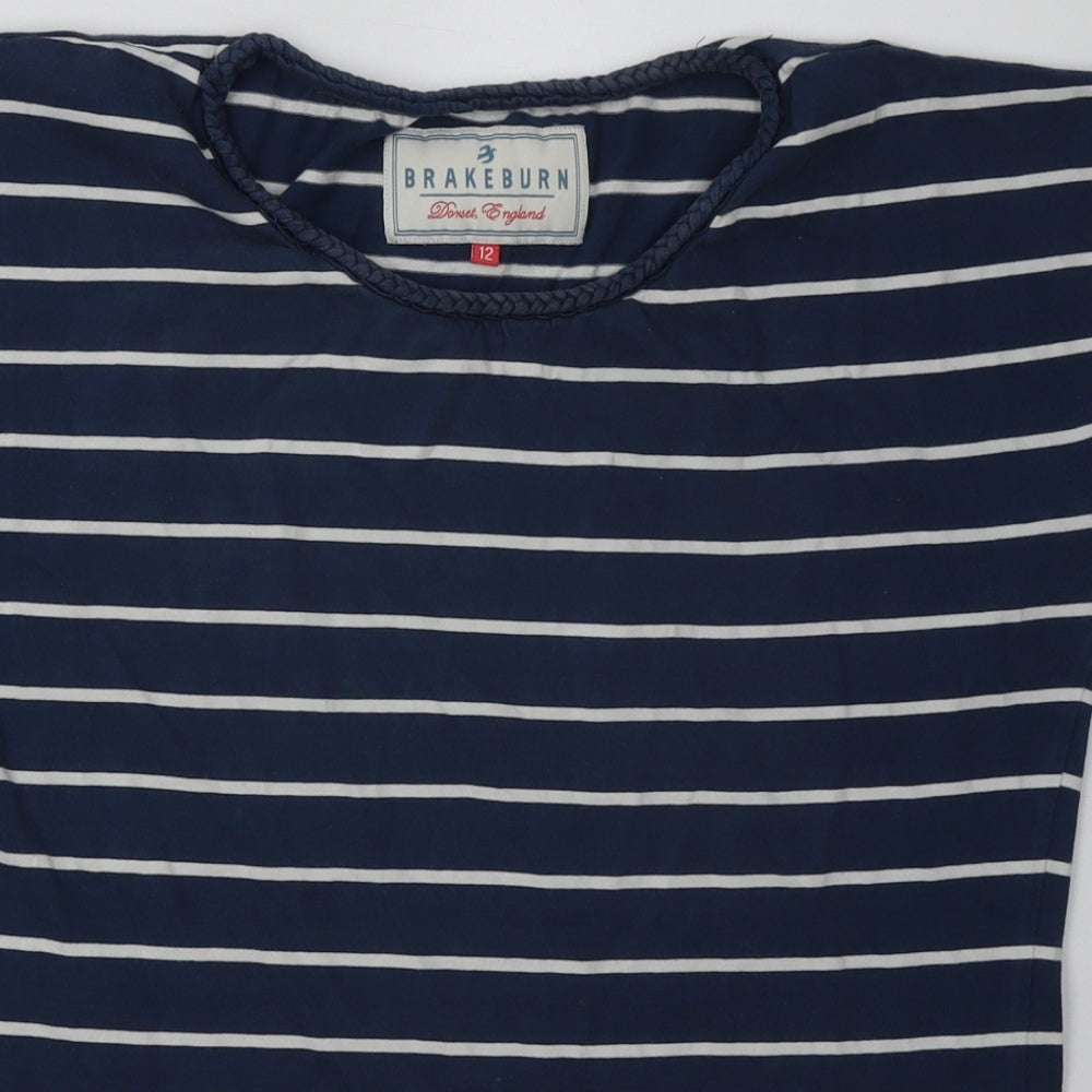 Brakeburn Womens Blue Striped Cotton Basic T-Shirt Size 12 Crew Neck