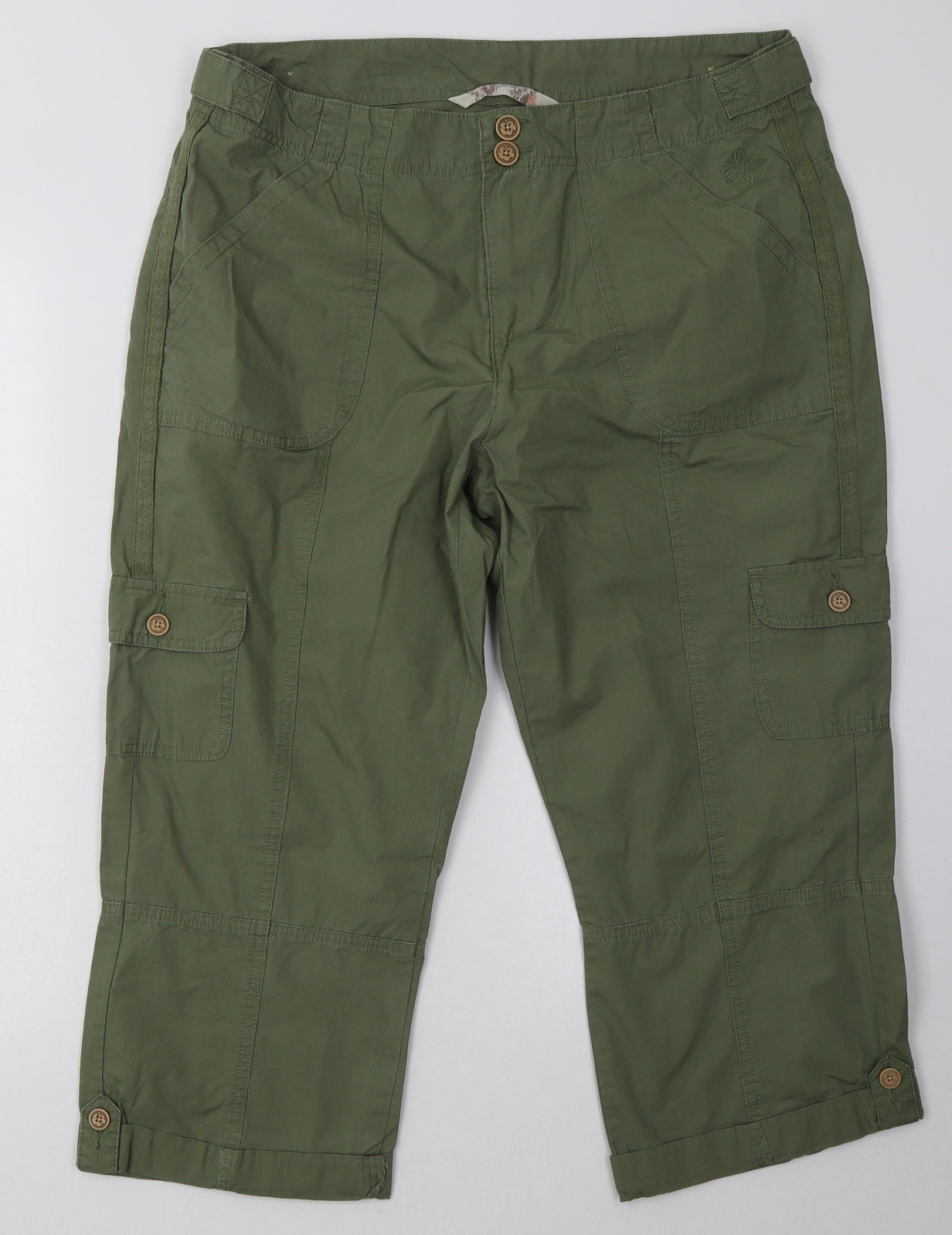 Debenhams Womens Green  Cotton Cropped Trousers Size 14 L24 in Regular Button