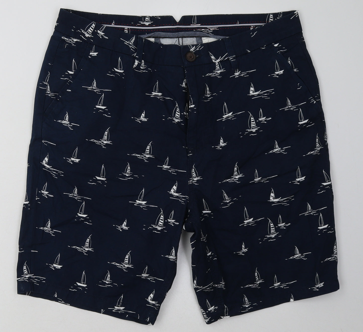 Crew Clothing Mens Blue Geometric Cotton Bermuda Shorts Size 36 L12 in Regular Button