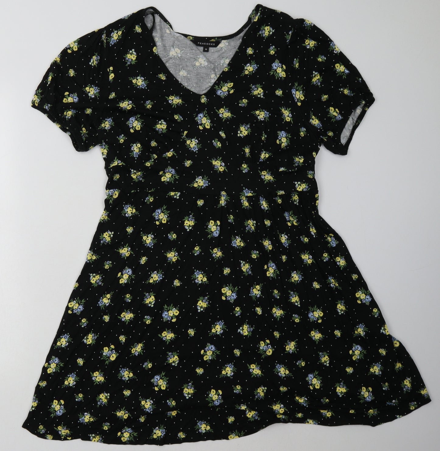 Peacocks Womens Black Floral Viscose A-Line  Size 16  V-Neck Pullover