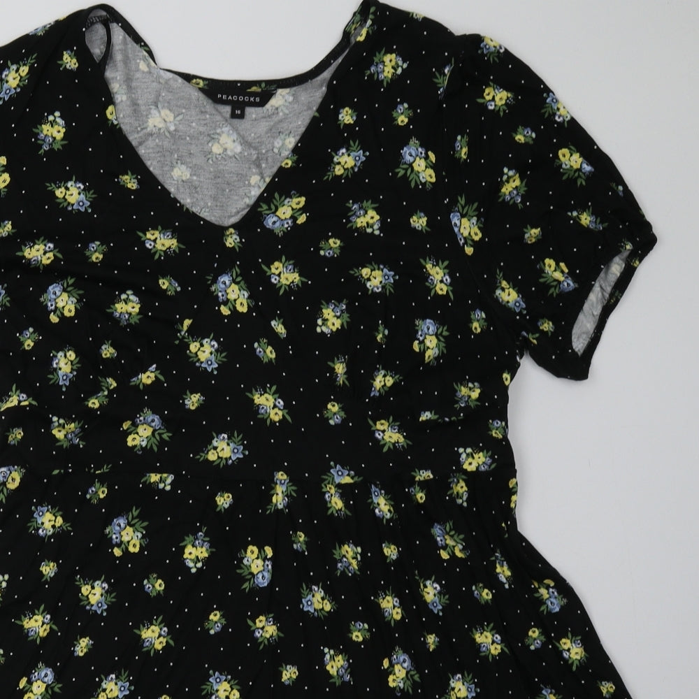 Peacocks Womens Black Floral Viscose A-Line  Size 16  V-Neck Pullover