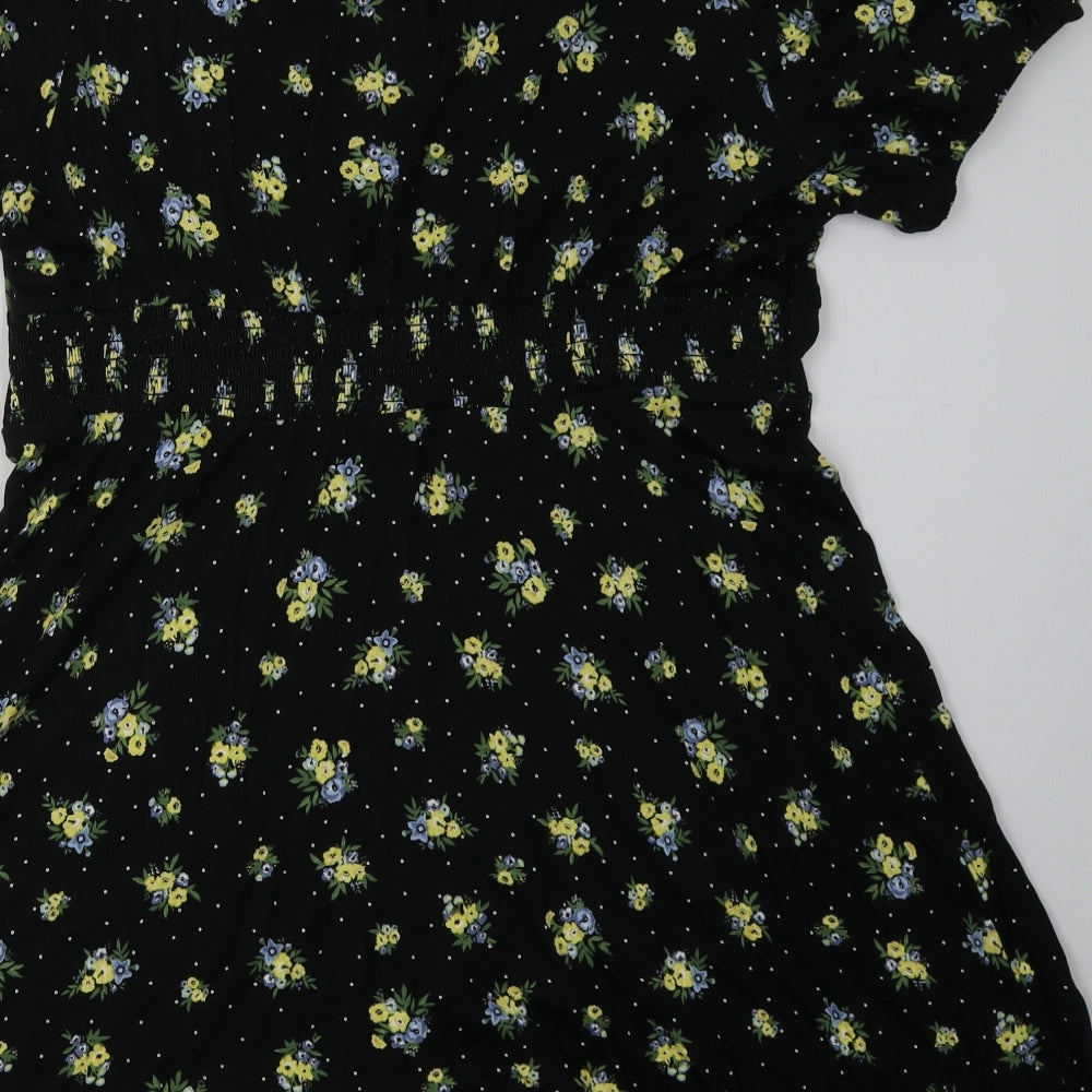 Peacocks Womens Black Floral Viscose A-Line  Size 16  V-Neck Pullover