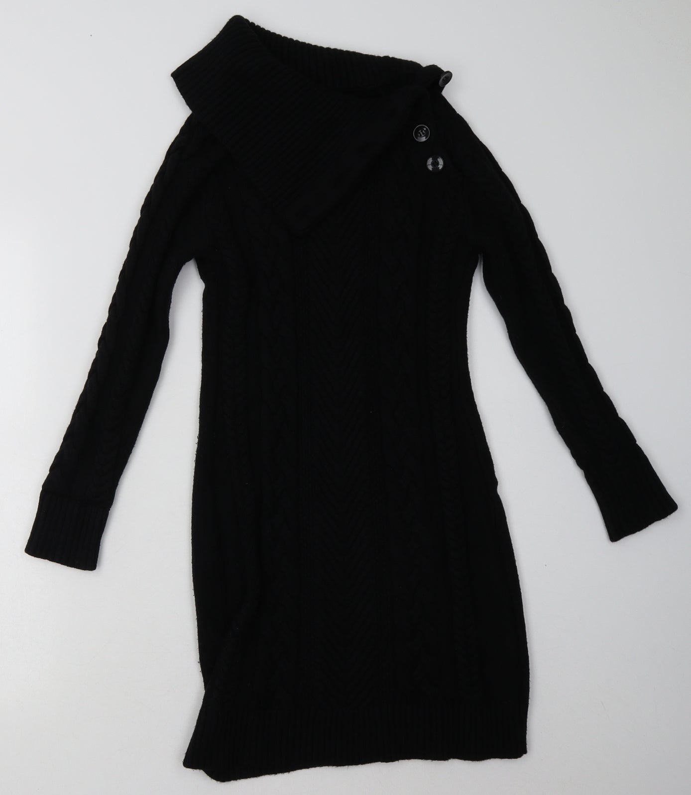 Preworn Womens Black Geometric Viscose Jumper Dress  Size L  Roll Neck Pullover