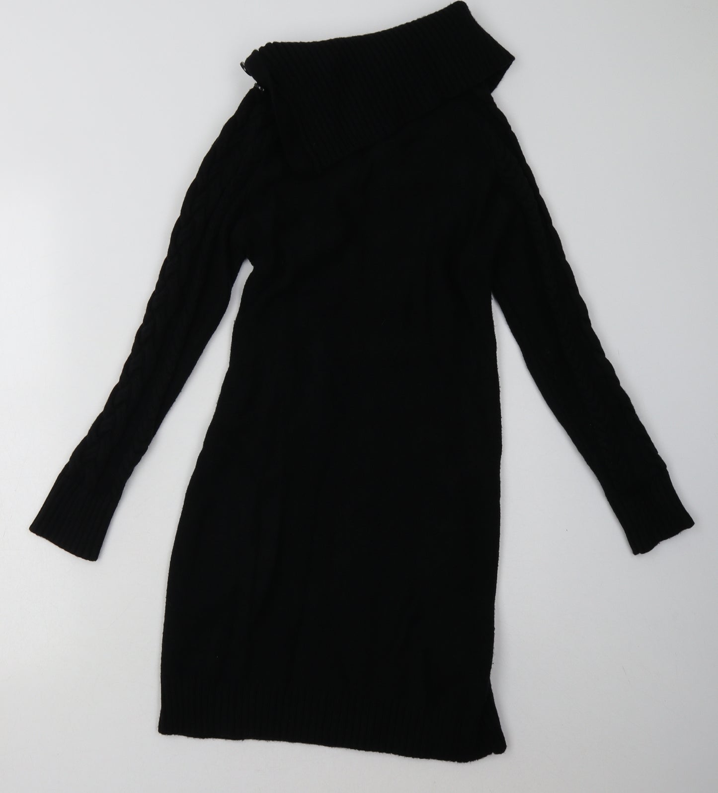 Preworn Womens Black Geometric Viscose Jumper Dress  Size L  Roll Neck Pullover