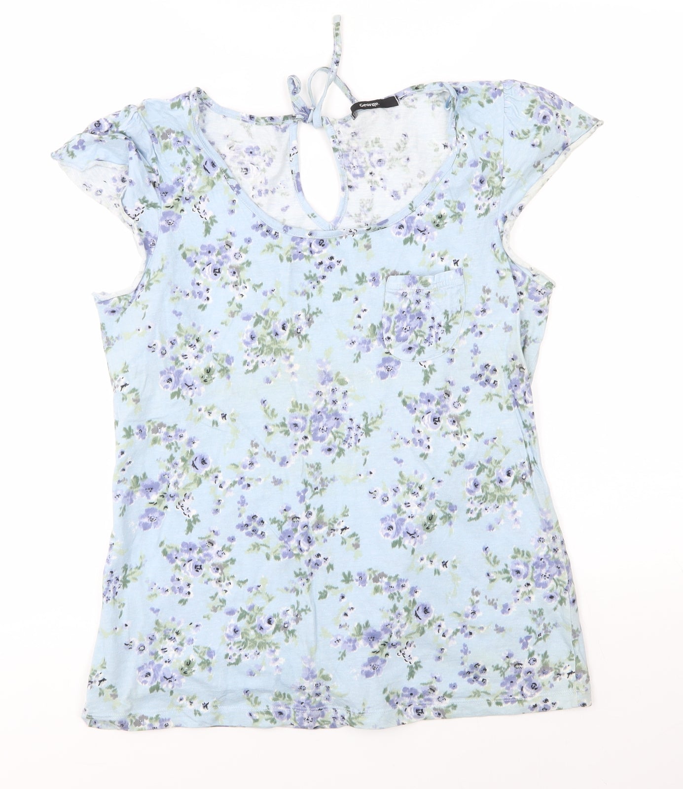 George Womens Blue Floral 100% Cotton Basic Blouse Size 18 Round Neck