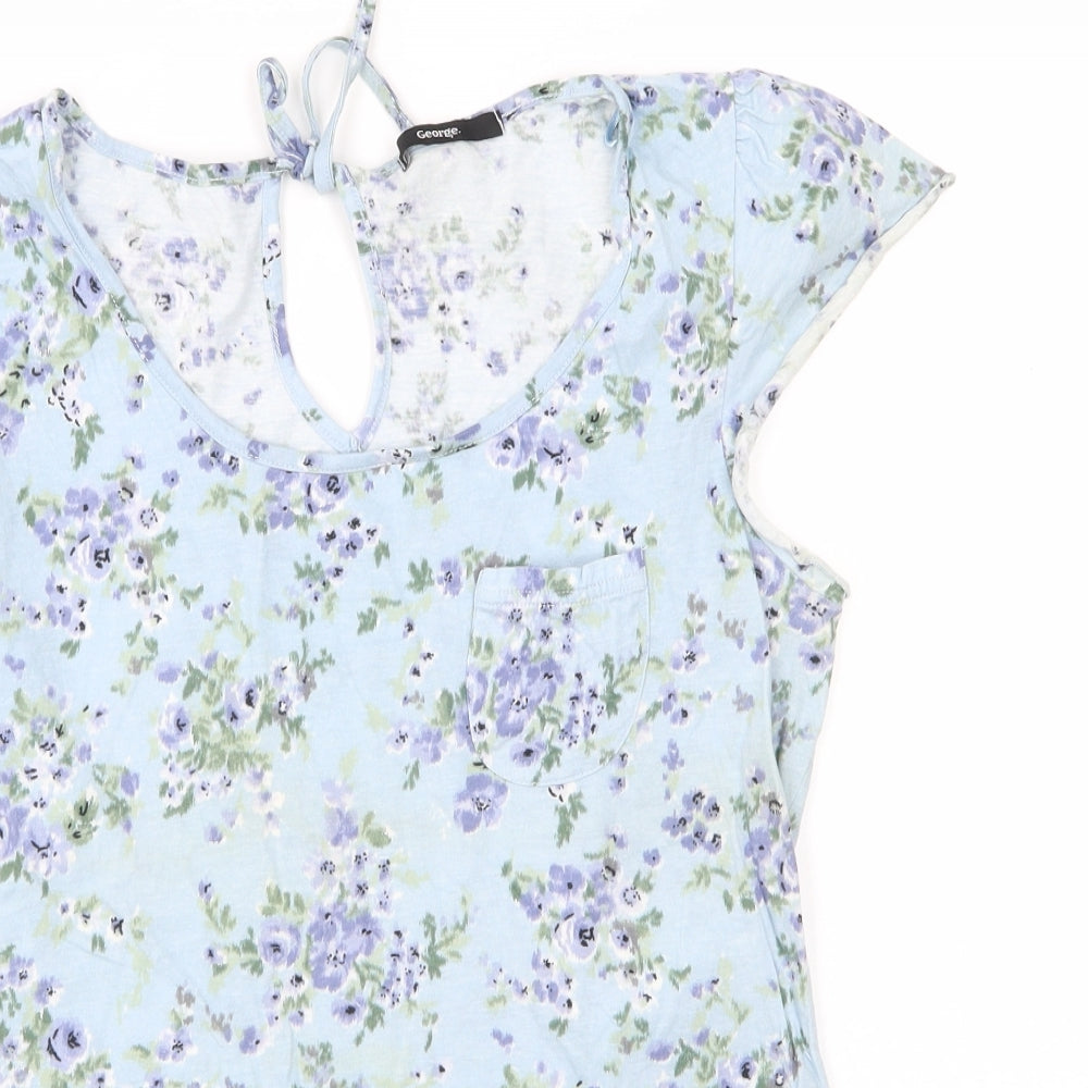 George Womens Blue Floral 100% Cotton Basic Blouse Size 18 Round Neck