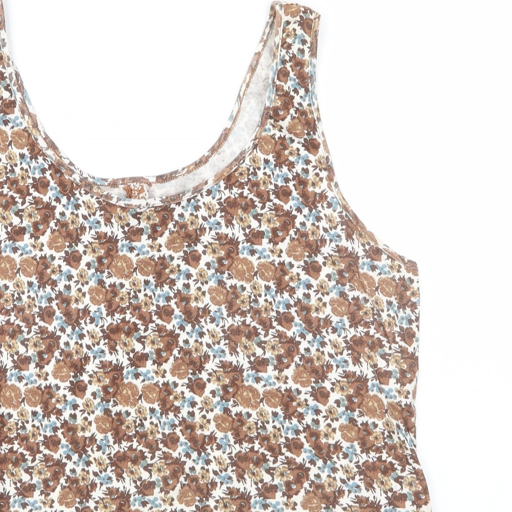 NEXT Womens Brown Floral 100% Cotton Basic T-Shirt Size 18 Round Neck
