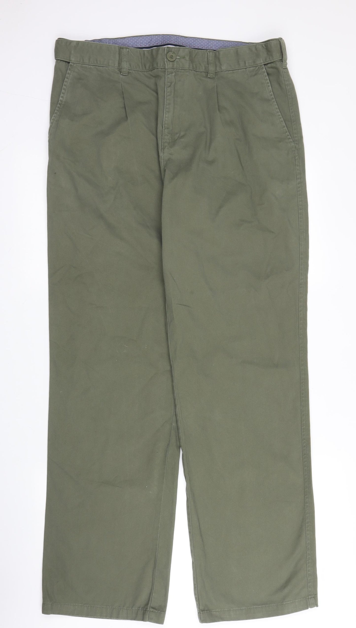 BHS Mens Green  Cotton Chino Trousers Size 36 in L33 in Regular Zip