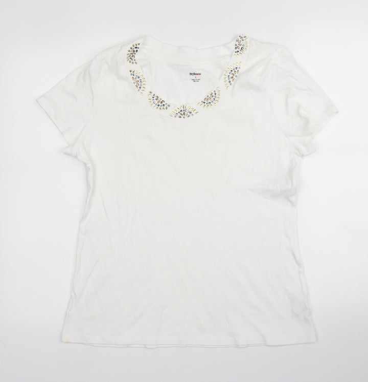 Style & Co Womens White Cotton Basic Blouse Size L Round Neck